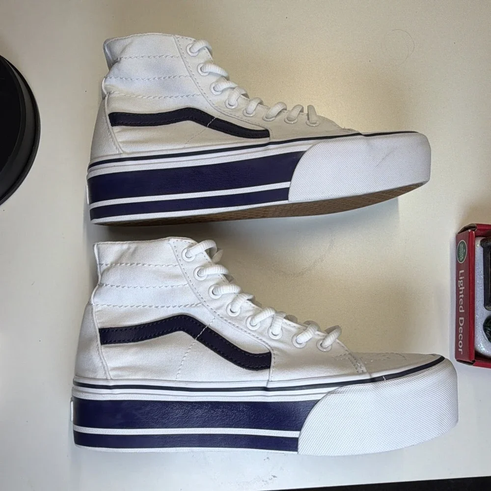 VANS Sk8-Hi Tapered Sport Platform Shoes White Canvas Navy Women 9‎ Men 7.5